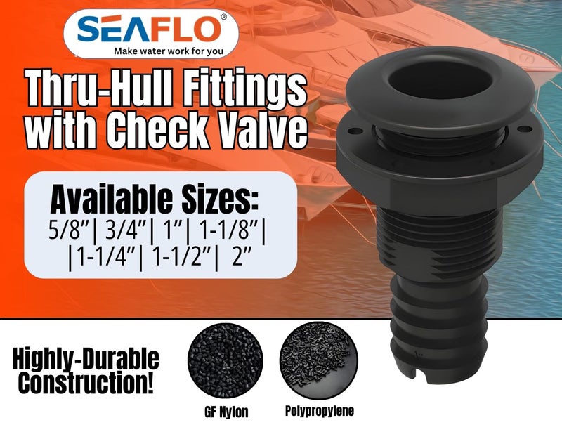 SEAFLO 1-1/4"", Black (2-Pack) Thru Hulls Fitting Thru-Hull with Check Valve, Polypropylene + Glass-Filled Nylon, 4-Year Warranty - Image 2
